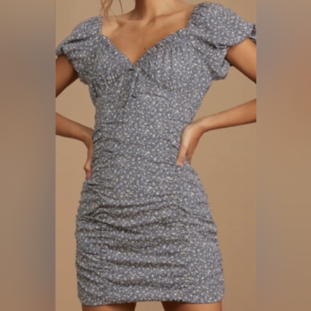 Sunday Up Blue Floral Ruched Puff Sleeve Women's Dress - NWOT - Size L